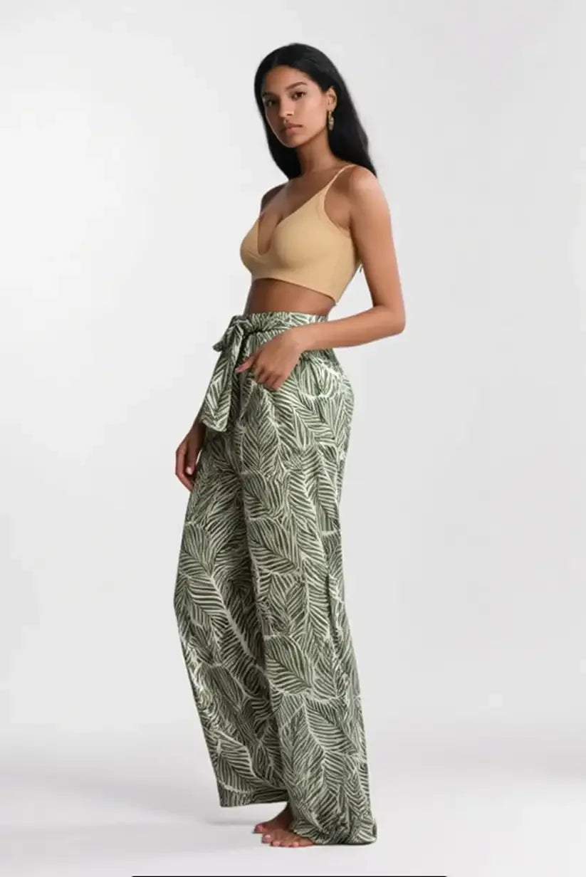 Pantalón Mujer Fluido Verano Estampado Hojas Verde Oliva Blanco - CHICA del Sur