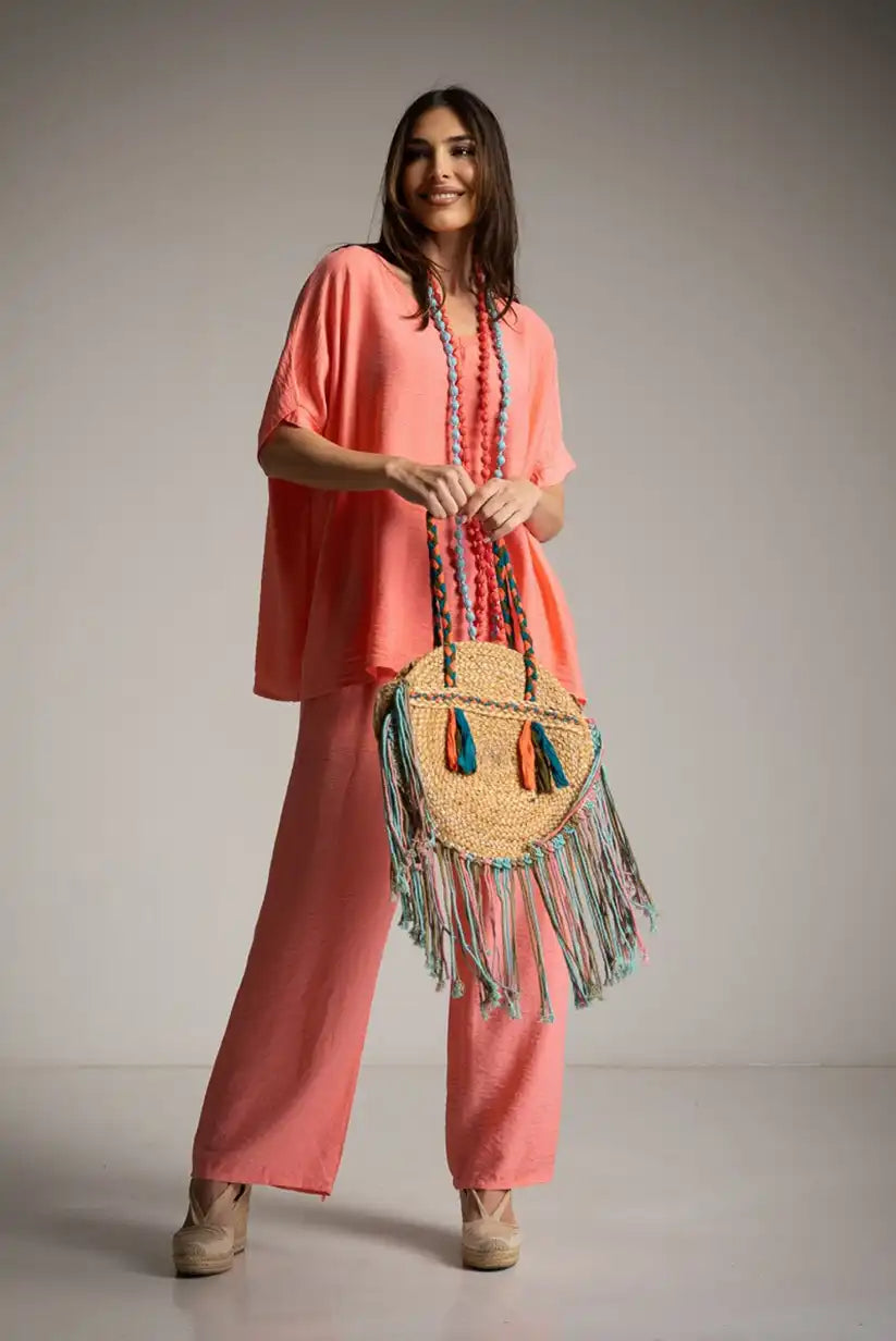 Pantalón fluido coral con bolsillos y cintura ajustable - CHICA del Sur