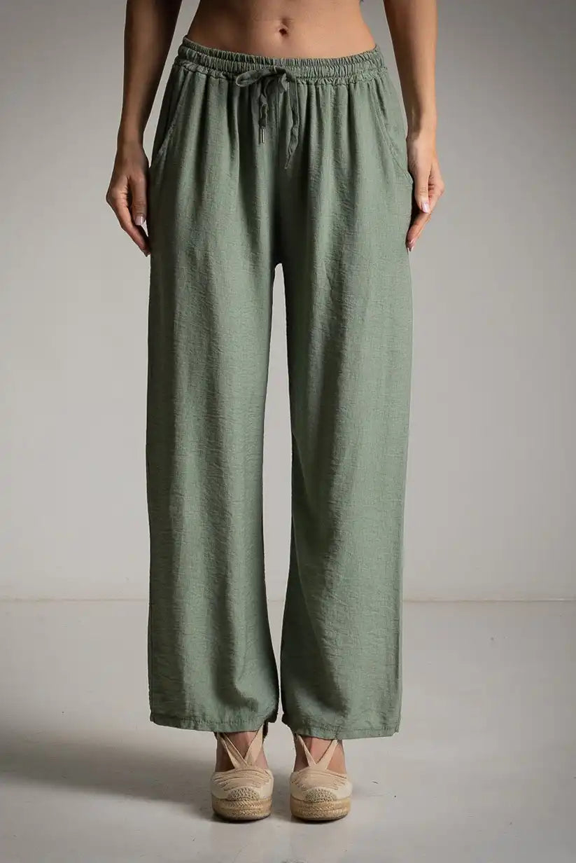 Pantalón fluido verde kaki con bolsillos y cordón - CHICA del Sur