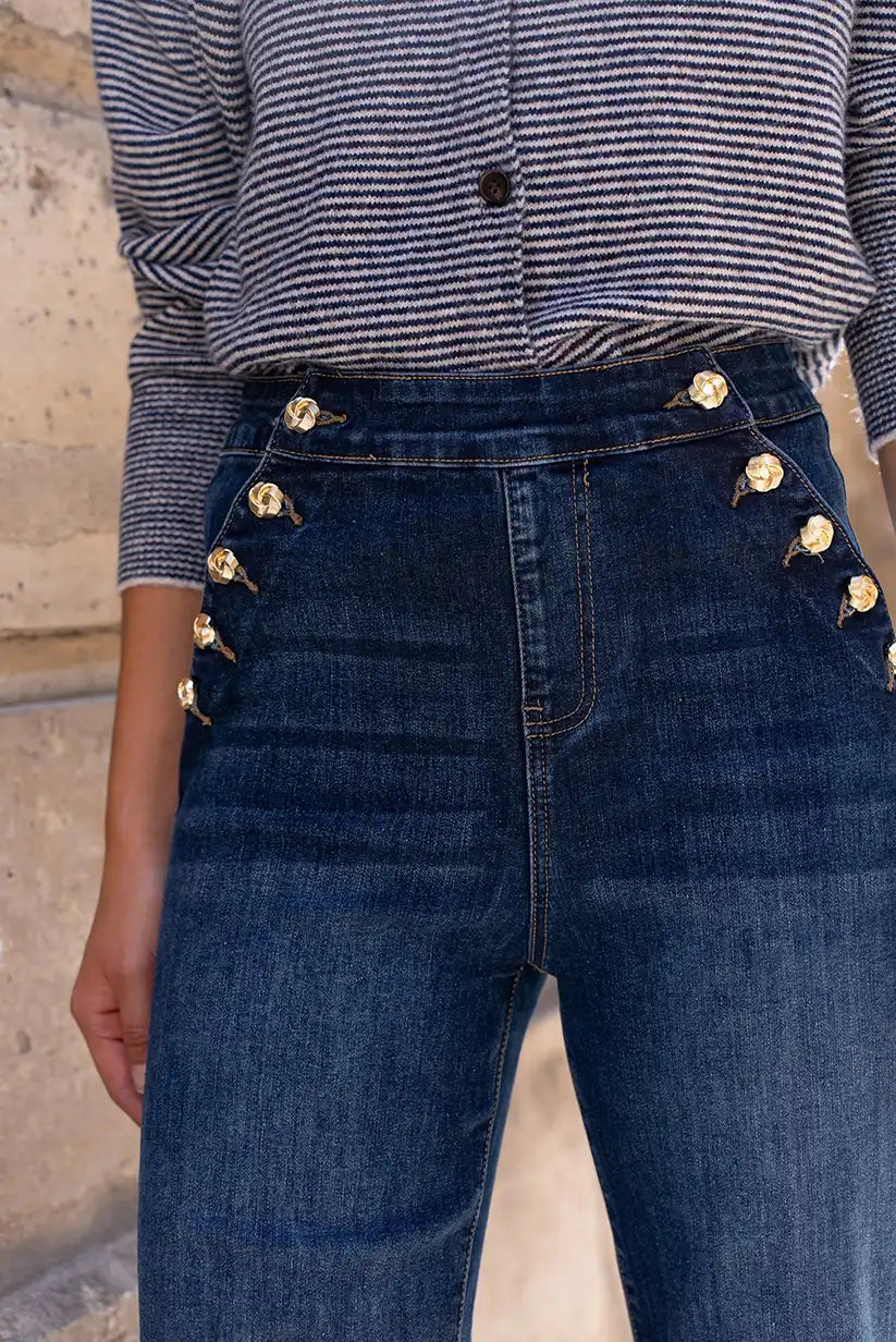 Pantalón Vaquero Ancho Mujer Azul Botones Dorados Talle Alto - CHICA del Sur