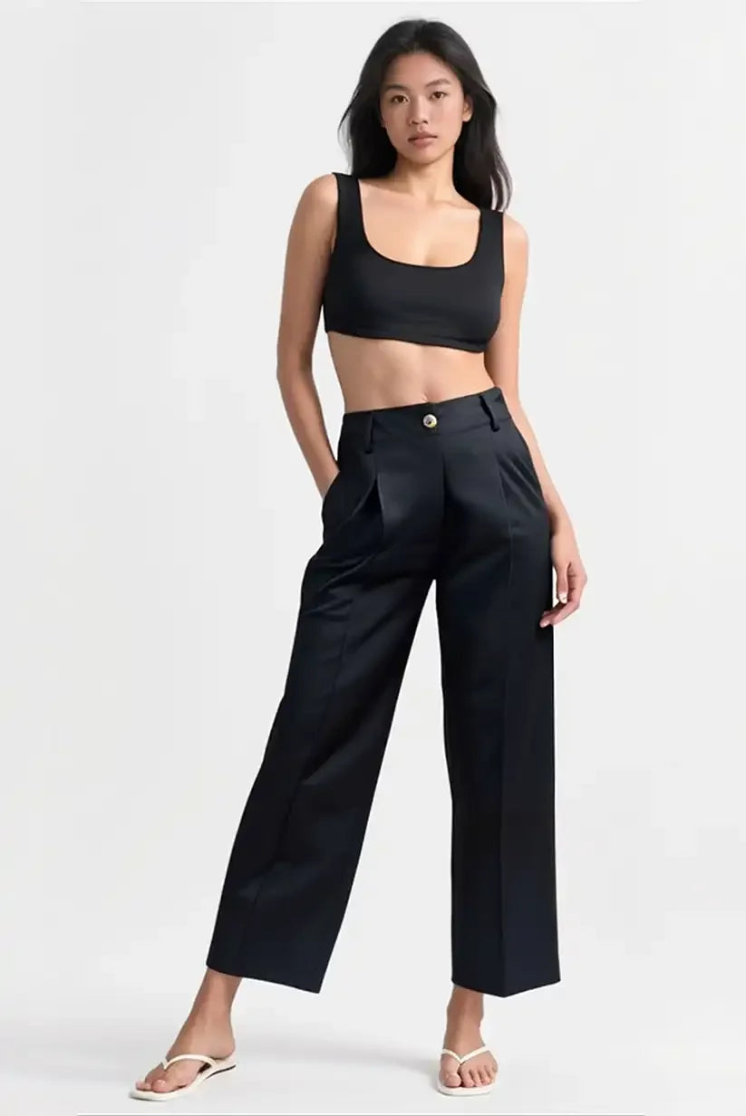 Pantalón De Vestir Mujer Negro Con Pinzas Corte Recto Elegante - CHICA del Sur