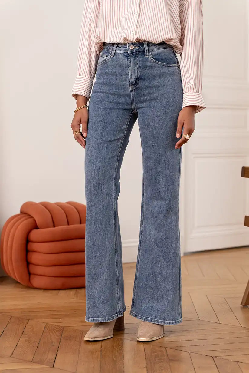 Pantalón Vaquero Campana Azul claro mujer Cintura Alta 5 Bolsillos - CHICA del Sur