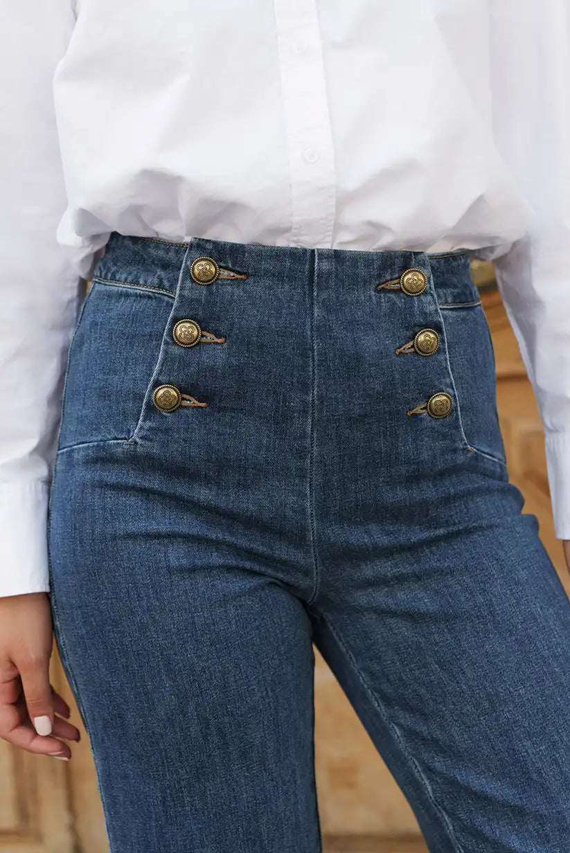 Pantalón Vaquero Campana Azul Mujer con Botones Dorados Marinero - CHICA del Sur
