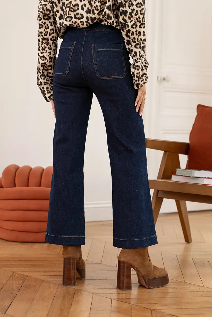 Pantalón Vaquero Campana Azul Oscuro Mujer Botones Dorados - CHICA del Sur