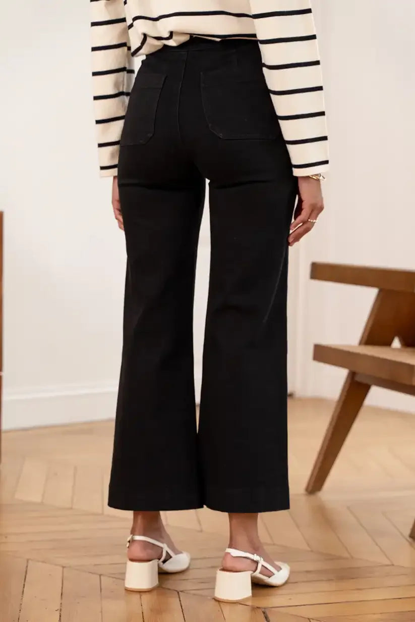 Pantalón Vaquero Negro Mujer Campana Talle Alto Botones Elegante - CHICA del Sur