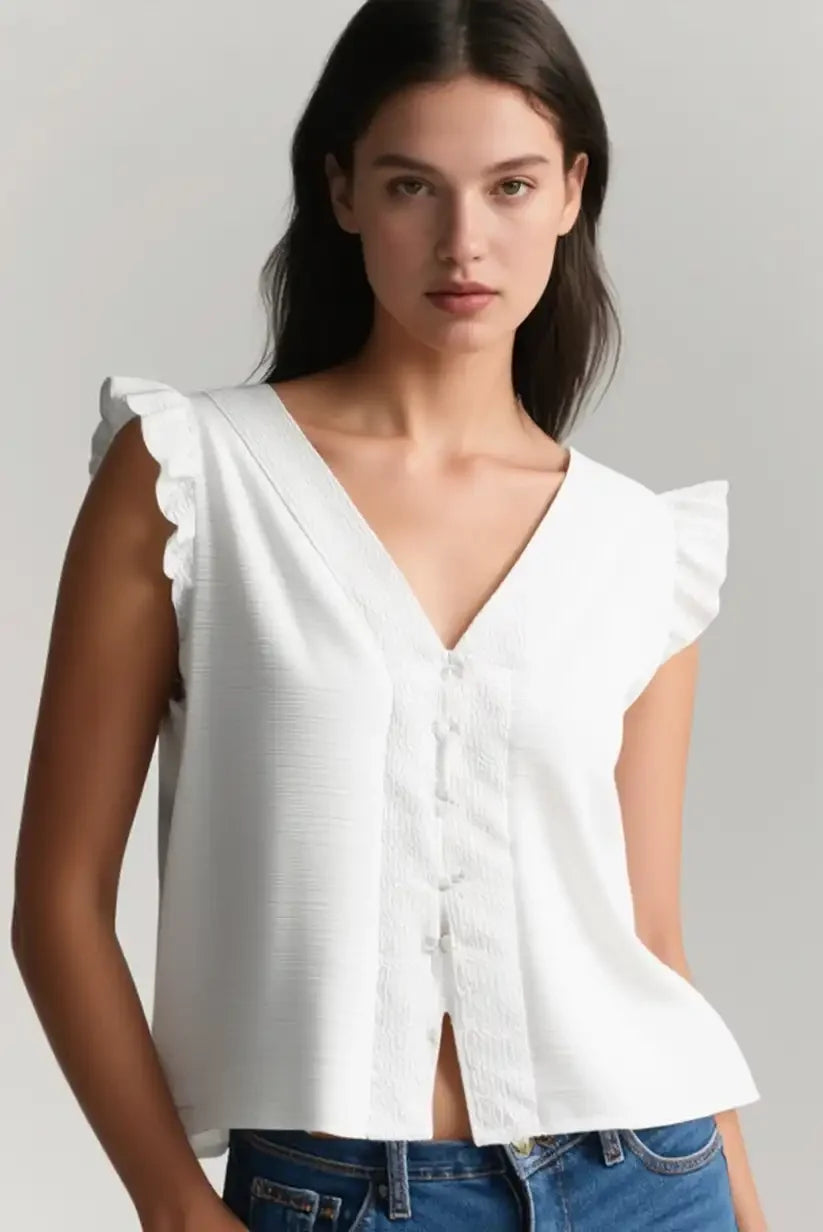 Top Blanco mujer verano con volantes mangas - CHICA del Sur