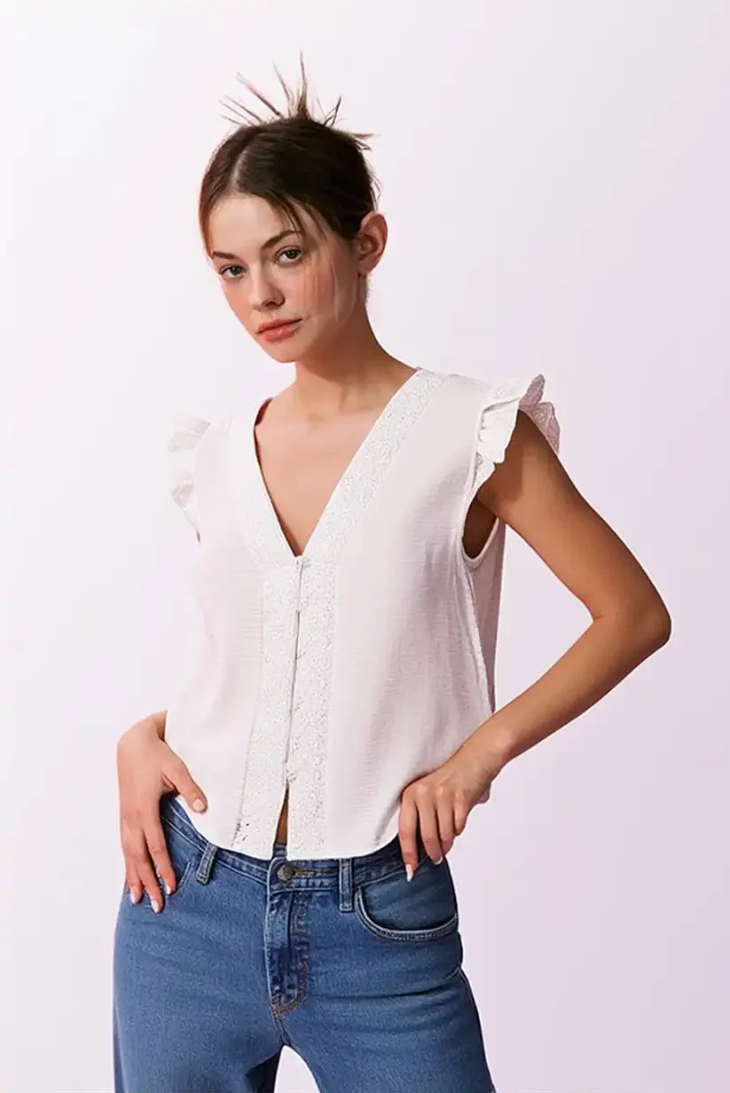 Top Blanco mujer verano con volantes mangas - CHICA del Sur