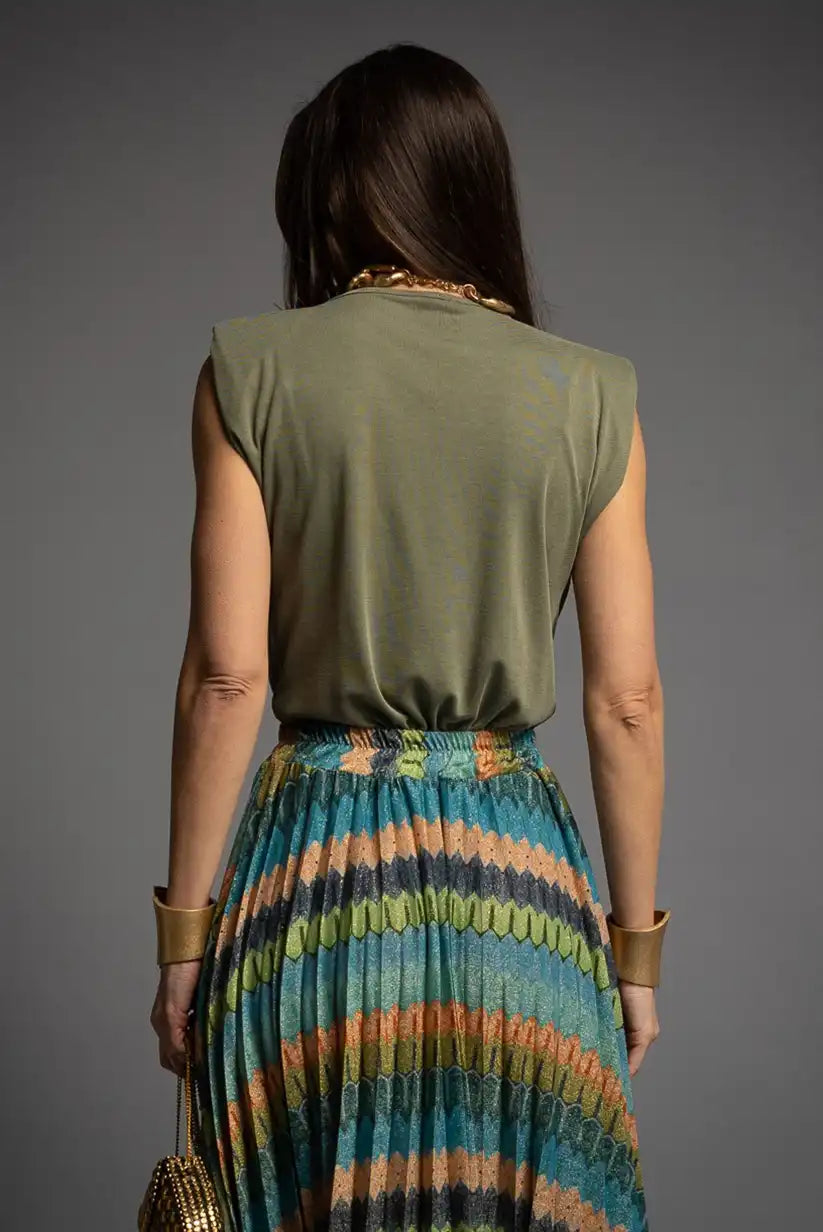 Top verde kaki mujer primavera verano | Drapeado elegante y con hombreras - CHICA del Sur