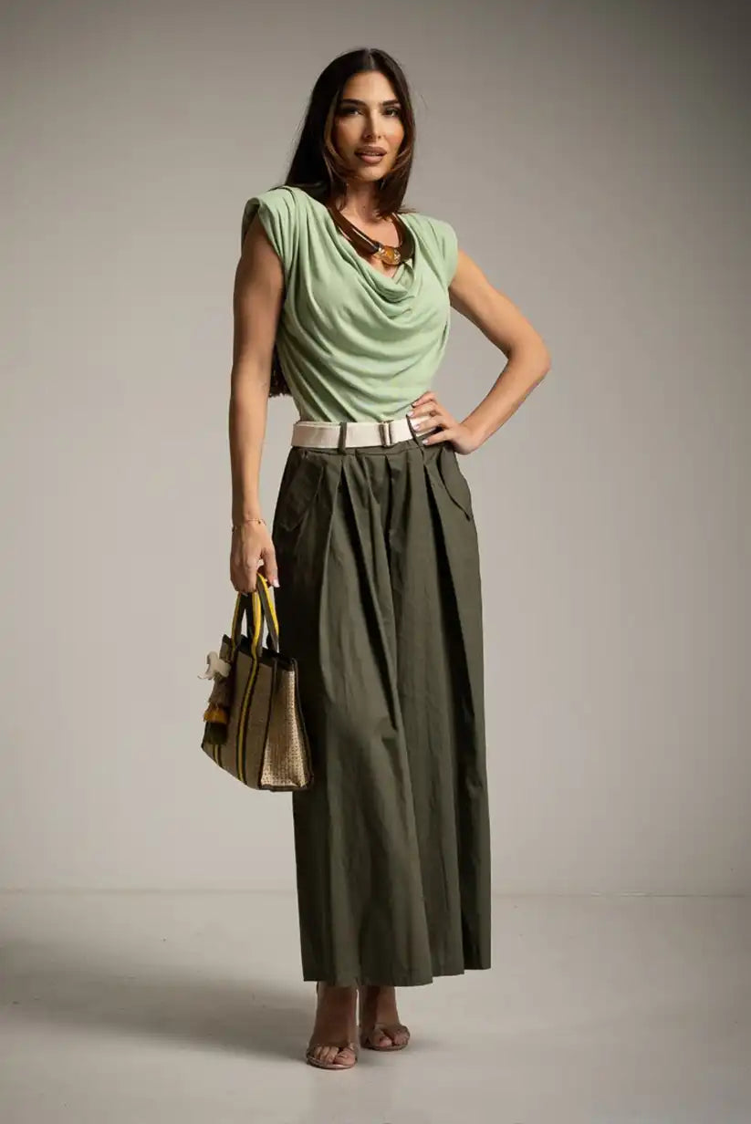 Top verde menta mujer primavera verano | Drapeado elegante con hombreras - CHICA del Sur
