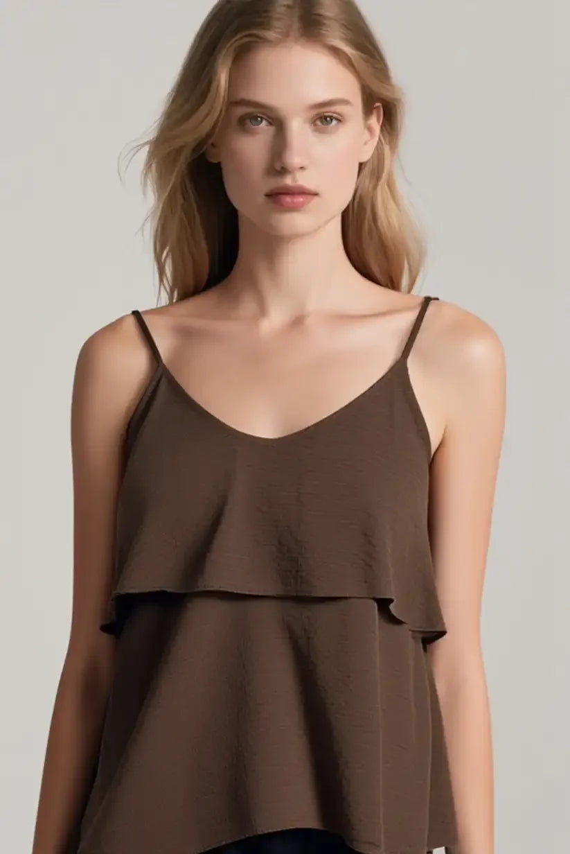 Top Fluido Marrón Chocolate con Volante y Tirantes Finos Mujer - CHICA del Sur