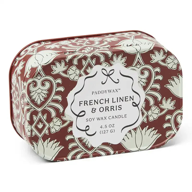 Vela Paddywax CHERIE French Linen & Orris 127g | Aroma Carmesí y Crema en lata vintage - CHICA del Sur