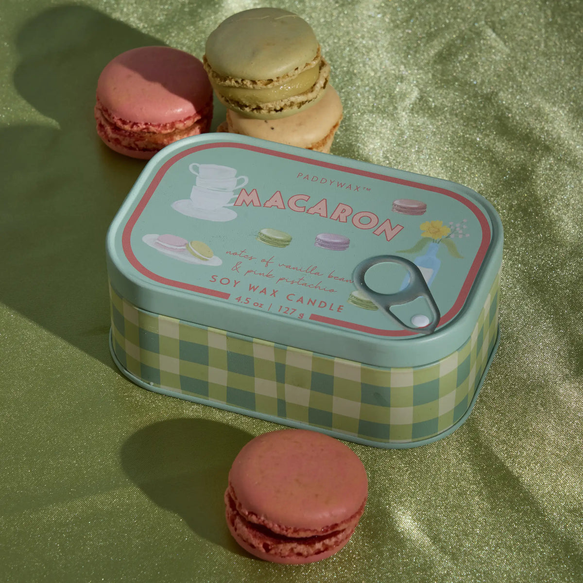 Vela Paddywax Bistro en lata Macaron 127 g. – Ámbar y pistacho