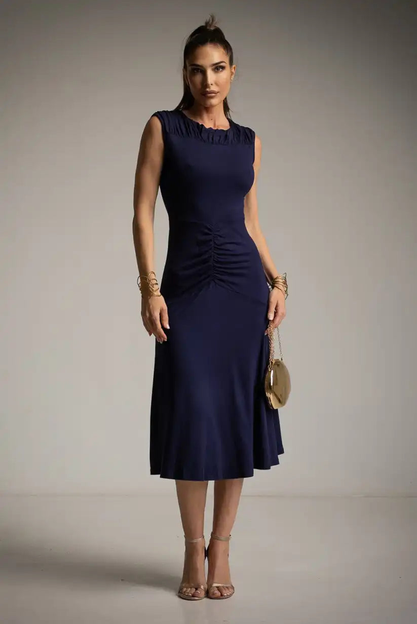 Vestido Azul Marino con Drapeado | Elegancia Primaveral - CHICA del Sur