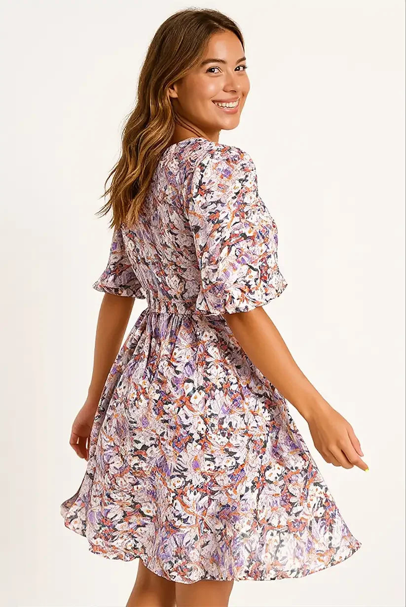 Vestido corto mujer floral naranja malva beige con lazo ajustable - CHICA del Sur