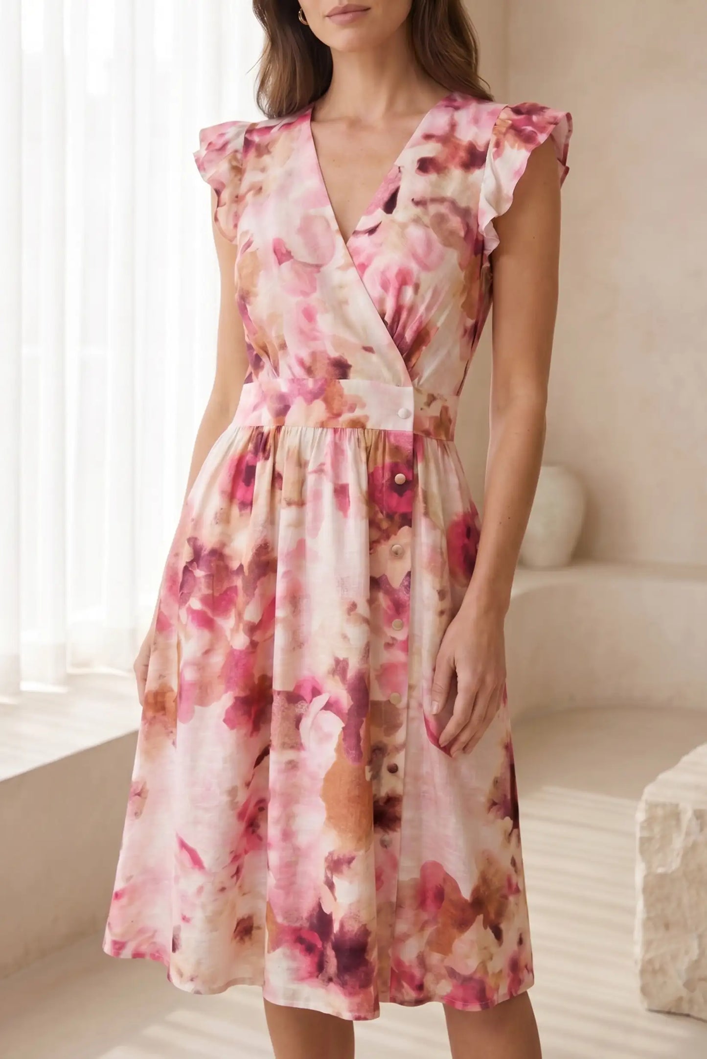 Vestido Corto Rosa Floral Mujer Escote Cruzado