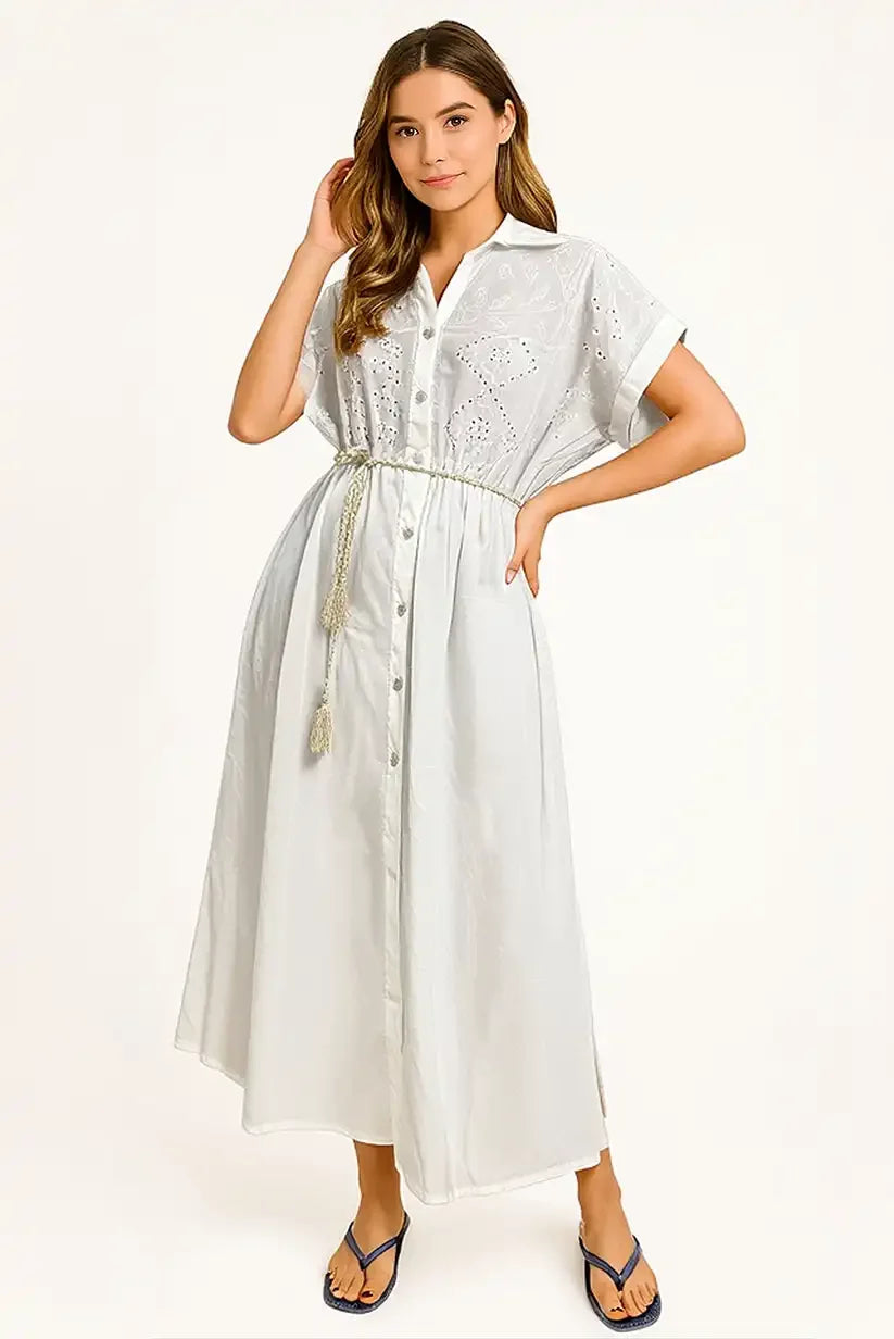 Vestido largo blanco calado mujer camisero manga corta verano - CHICA del Sur