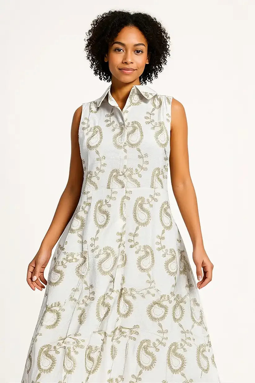 Vestido largo camisero beige sin mangas con bordado bohemio algodón - CHICA del Sur