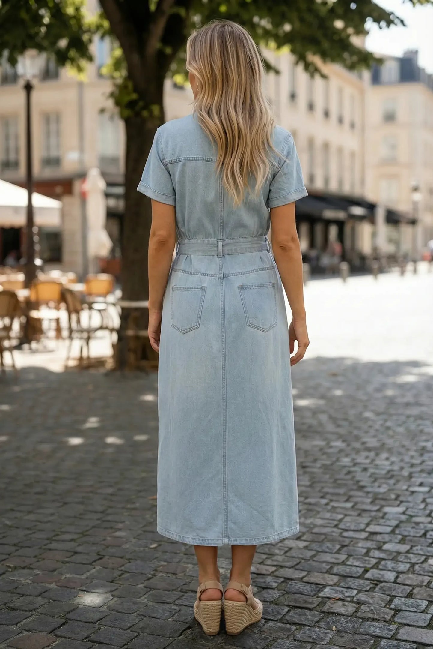 Mujer con vestido largo denim azul claro y sandalias de cuña en calle urbana