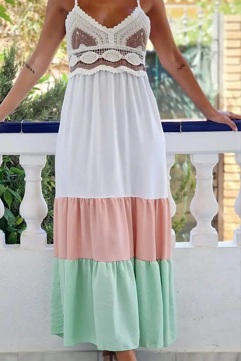 Vestido Largo Fluido Blanco Rosa Palo Verde Menta Mujer Elegante - CHICA del Sur