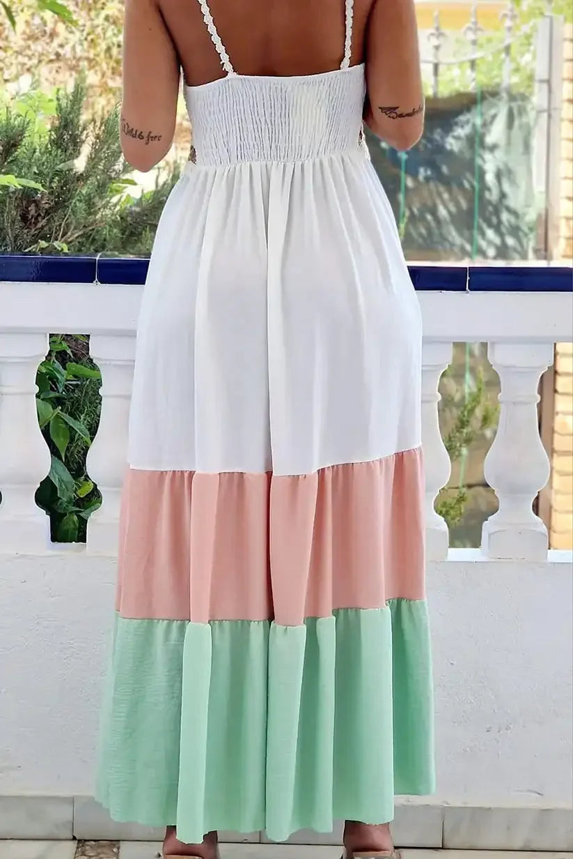 Vestido Largo Fluido Blanco Rosa Palo Verde Menta Mujer Elegante - CHICA del Sur
