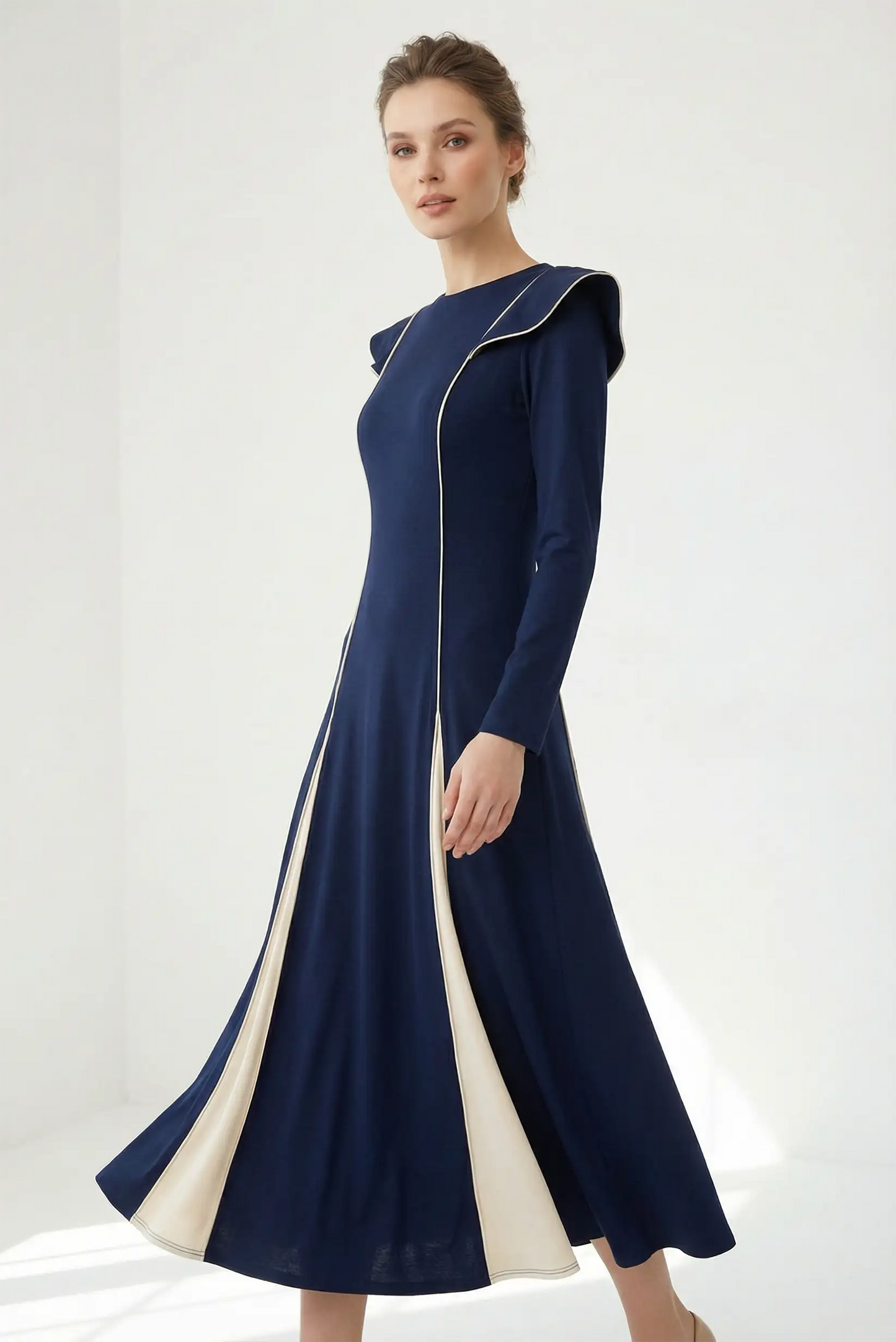 Vestido largo azul marino elegante mujer, manga larga, ideal para eventos, CHICA del Sur