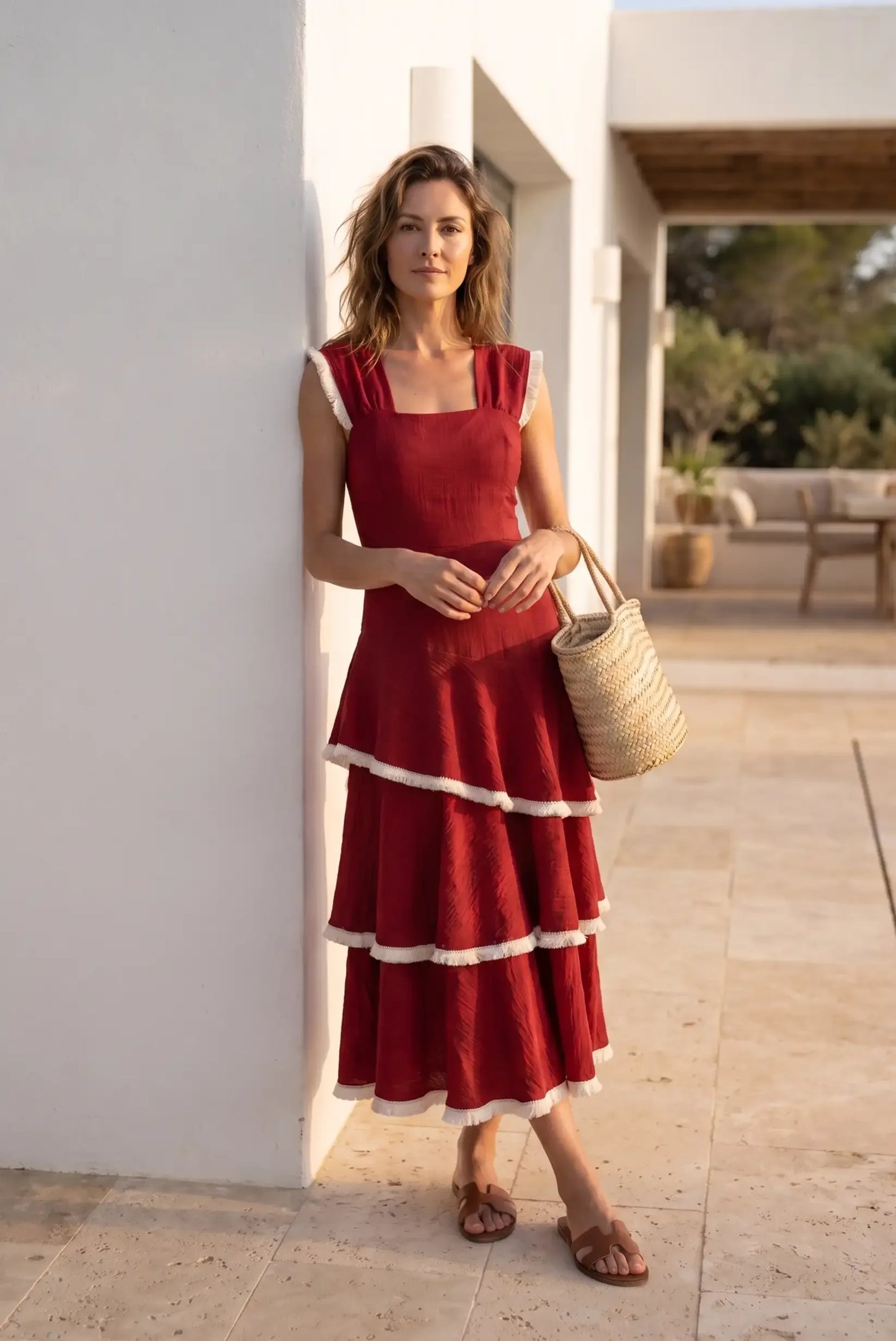 Vestido rojo con volantes y borlas blancas, ideal para verano, con bolso de paja y sandalias