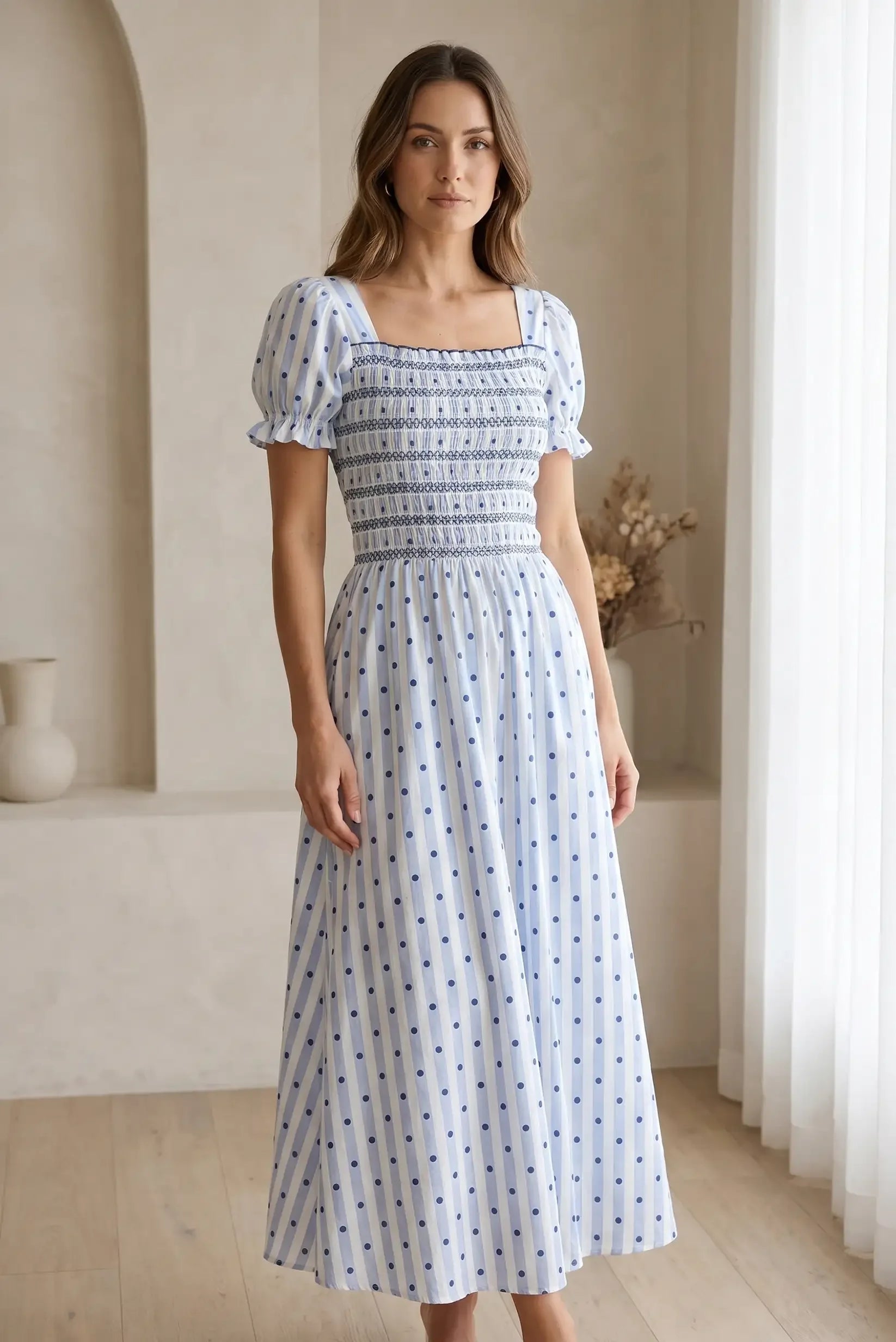 Blue polka dot maxi dress with ruching 🌿 – CHICA del Sur