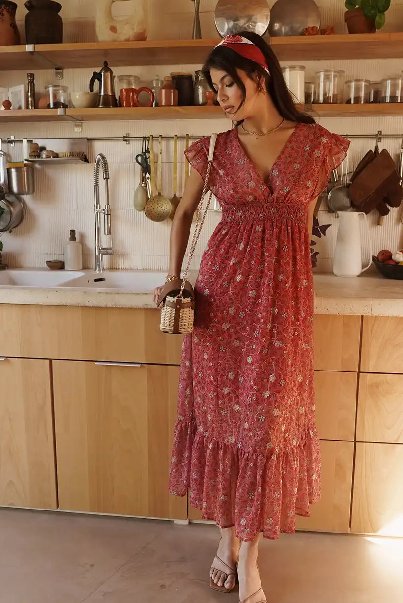 Vestido largo verano rojo burdeos con estampados florales - CHICA del Sur