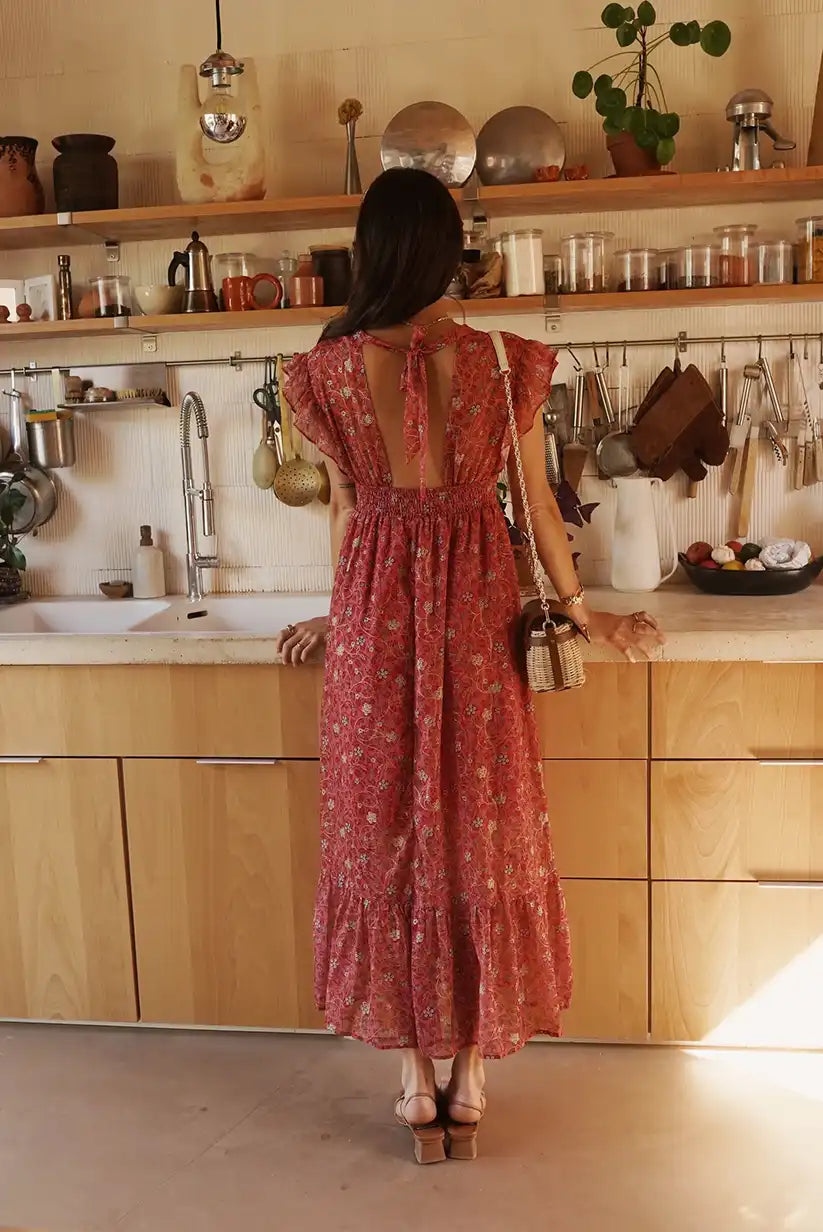Vestido largo verano rojo burdeos con estampados florales - CHICA del Sur