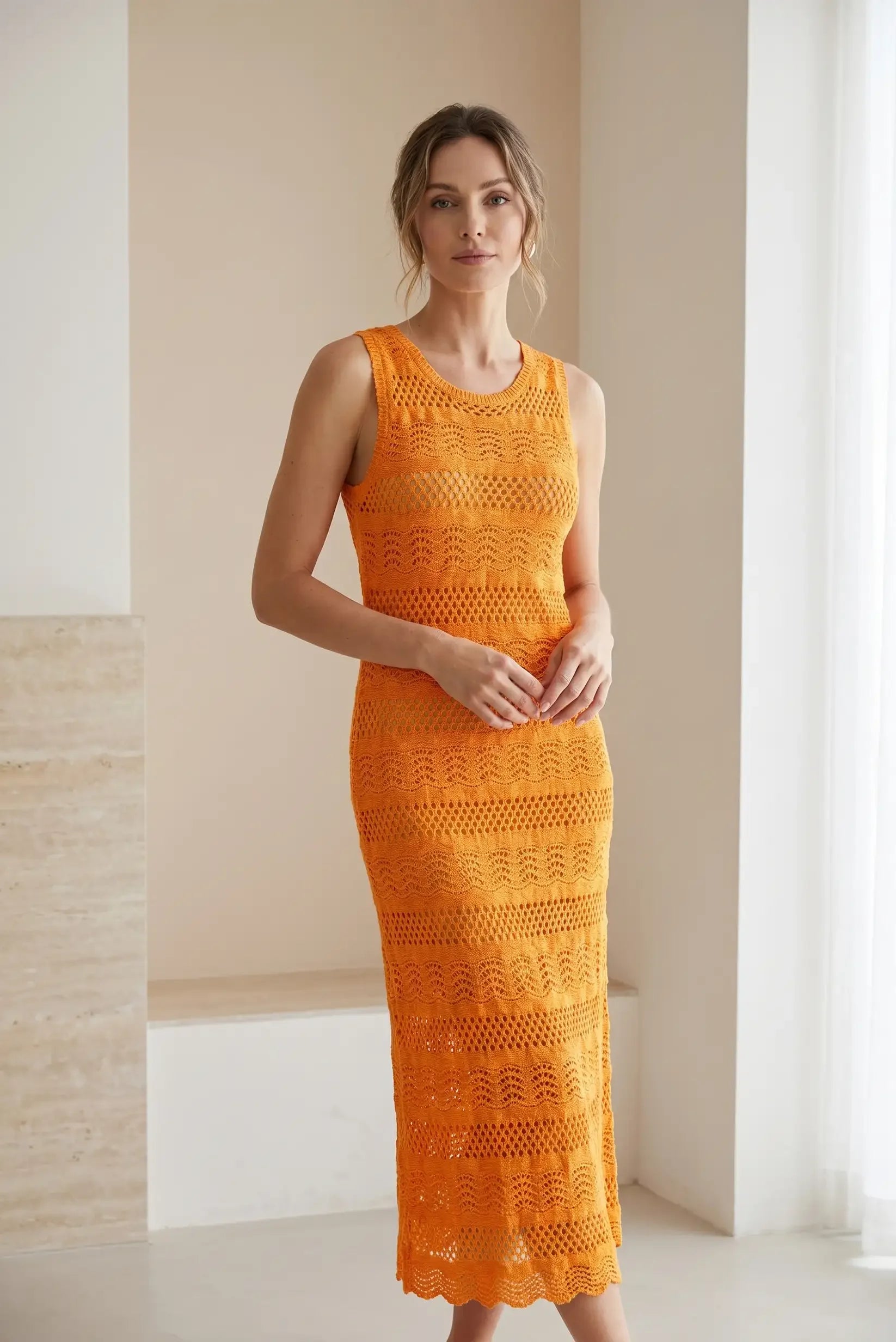 Women's Sleeveless Orange Crochet Knit Maxi Dress