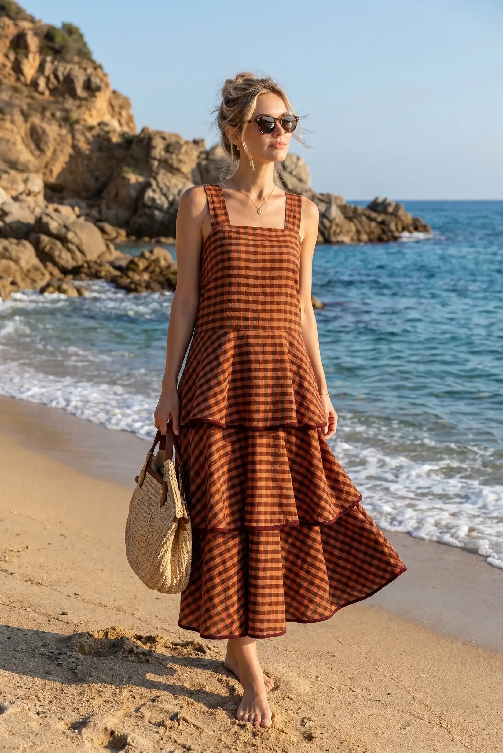brown plaid midi dress Terracotta Gingham for Summer 👗 – CHICA del Sur Designed with a brown Erica Romper Dress - royal blue muslin silk dress size:medium size
