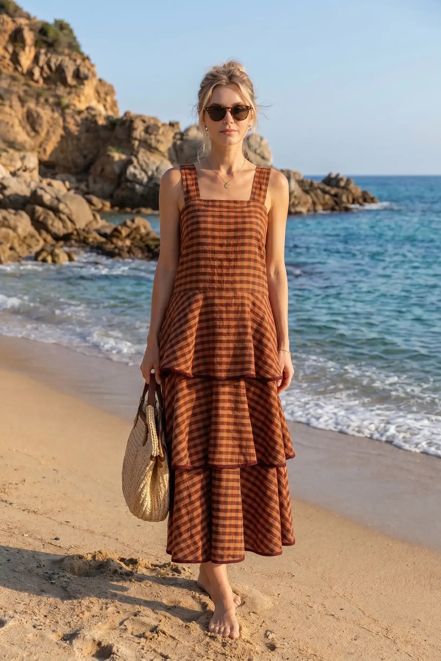 Vestido de cuadros marrones con volantes, ideal para playa y verano, con bolso de paja y gafas de sol