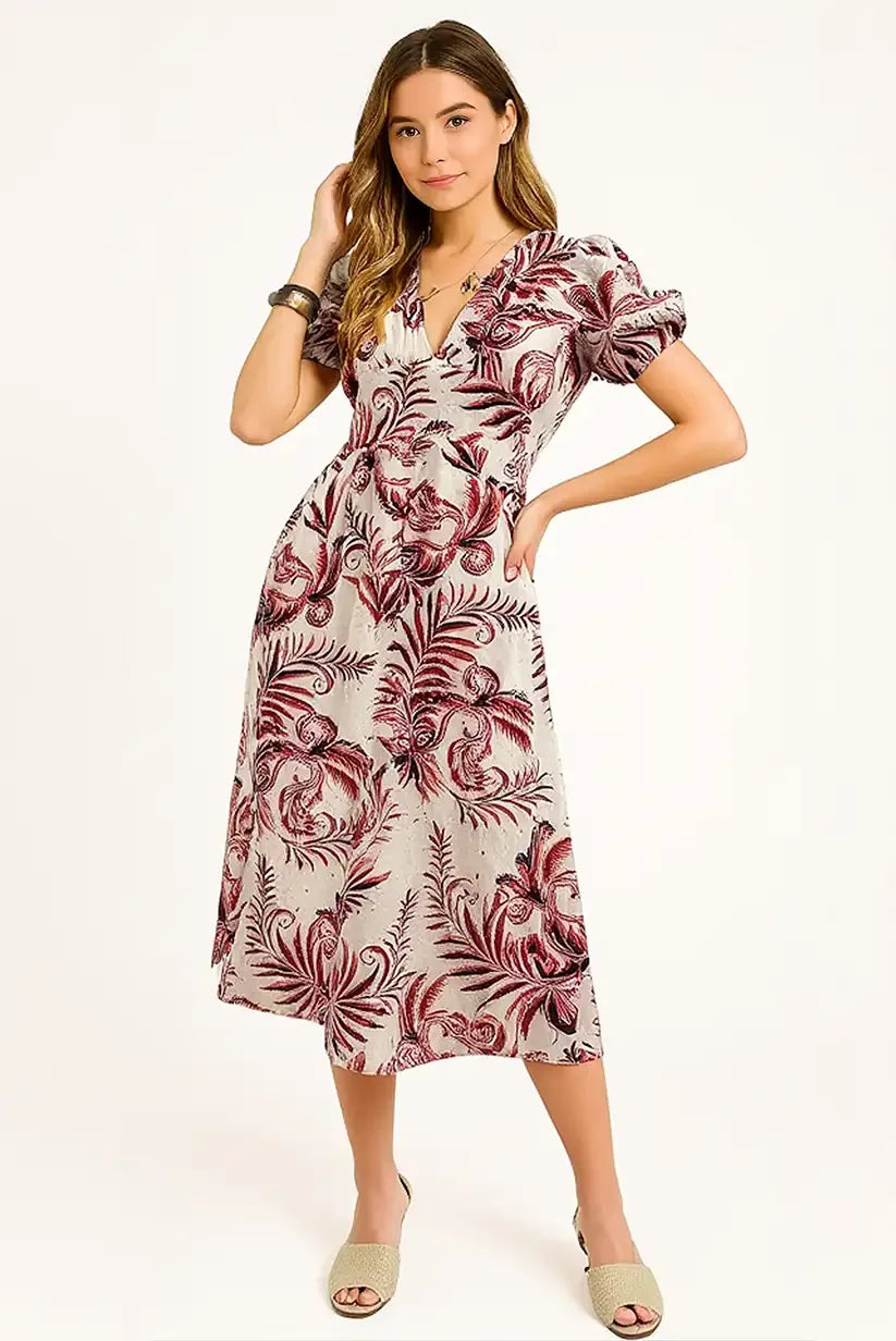 Vestido Midi mujer blanco con estampados florales rojos y teja - CHICA del Sur