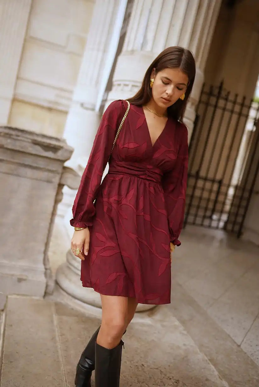 Vestido corto burdeos mujer manga larga cruzado elegante casual - CHICA del Sur