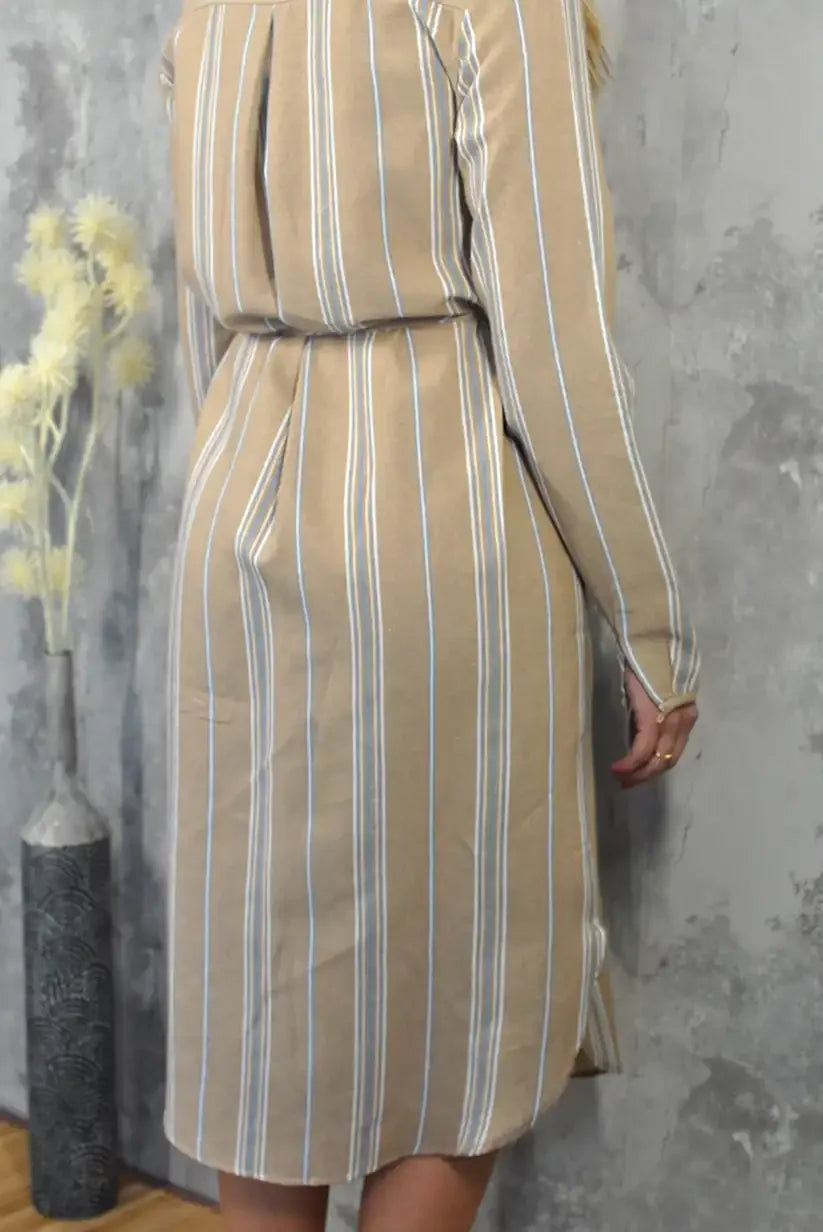 Vestido Camisero Mujer Rayas Camel Otoño Cinturón Ajustable - CHICA del Sur