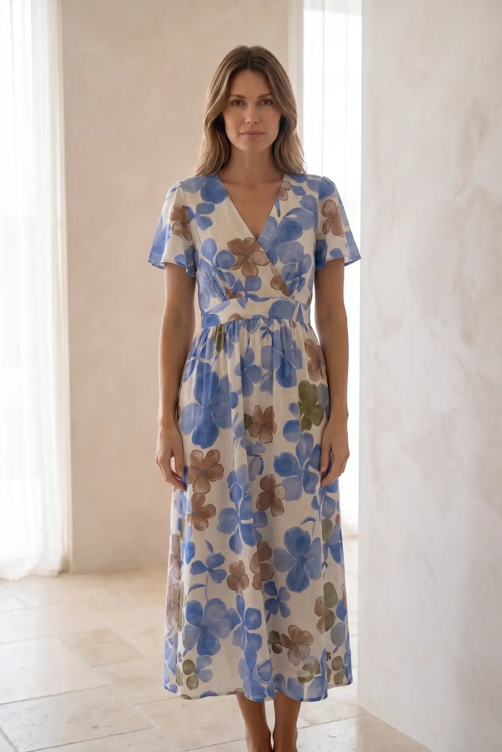 Women's Blue Floral Print Midi Dress