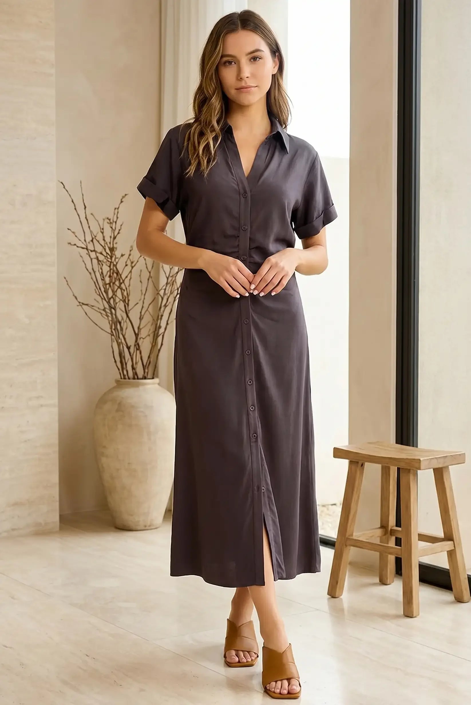 Long summer dress with short sleeves, chocolate brown – CHICA del Sur