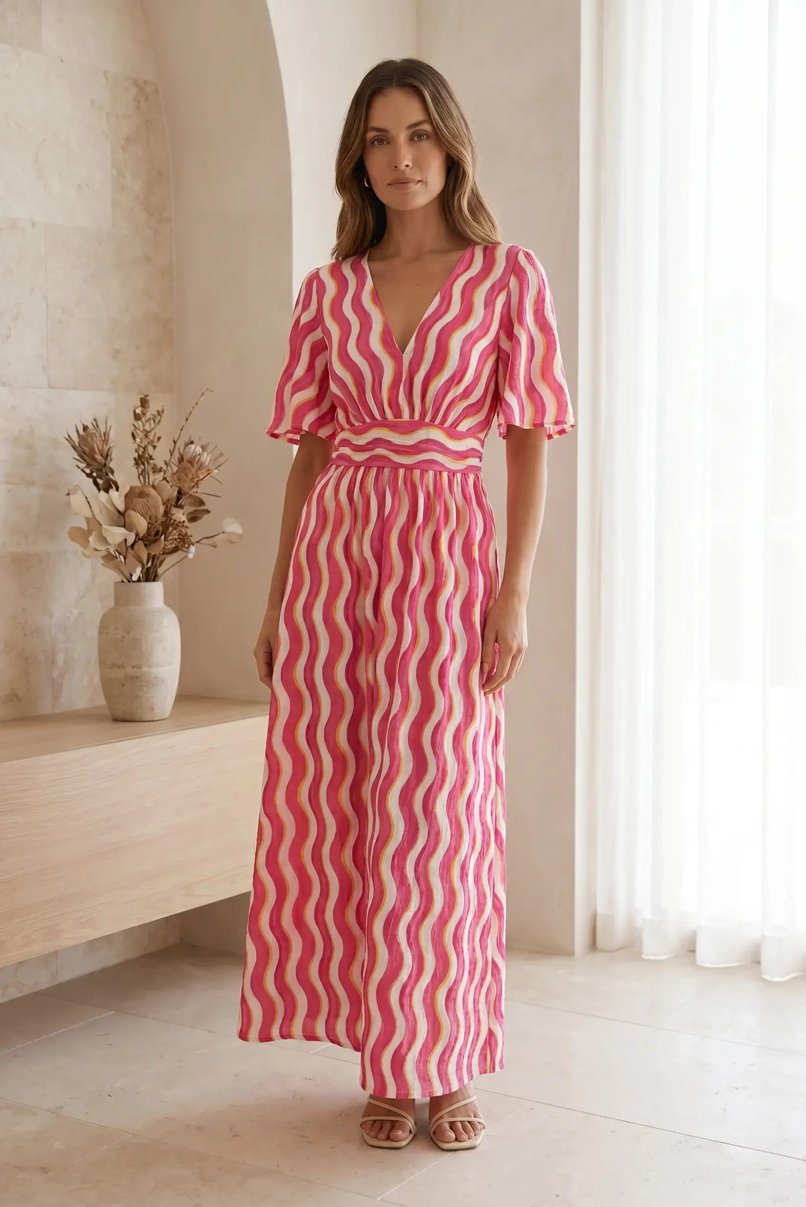 flowy red and pink dress SWAN SLIP MAXI DRESS IN BURGUNDY AND PINK | CULT MIA