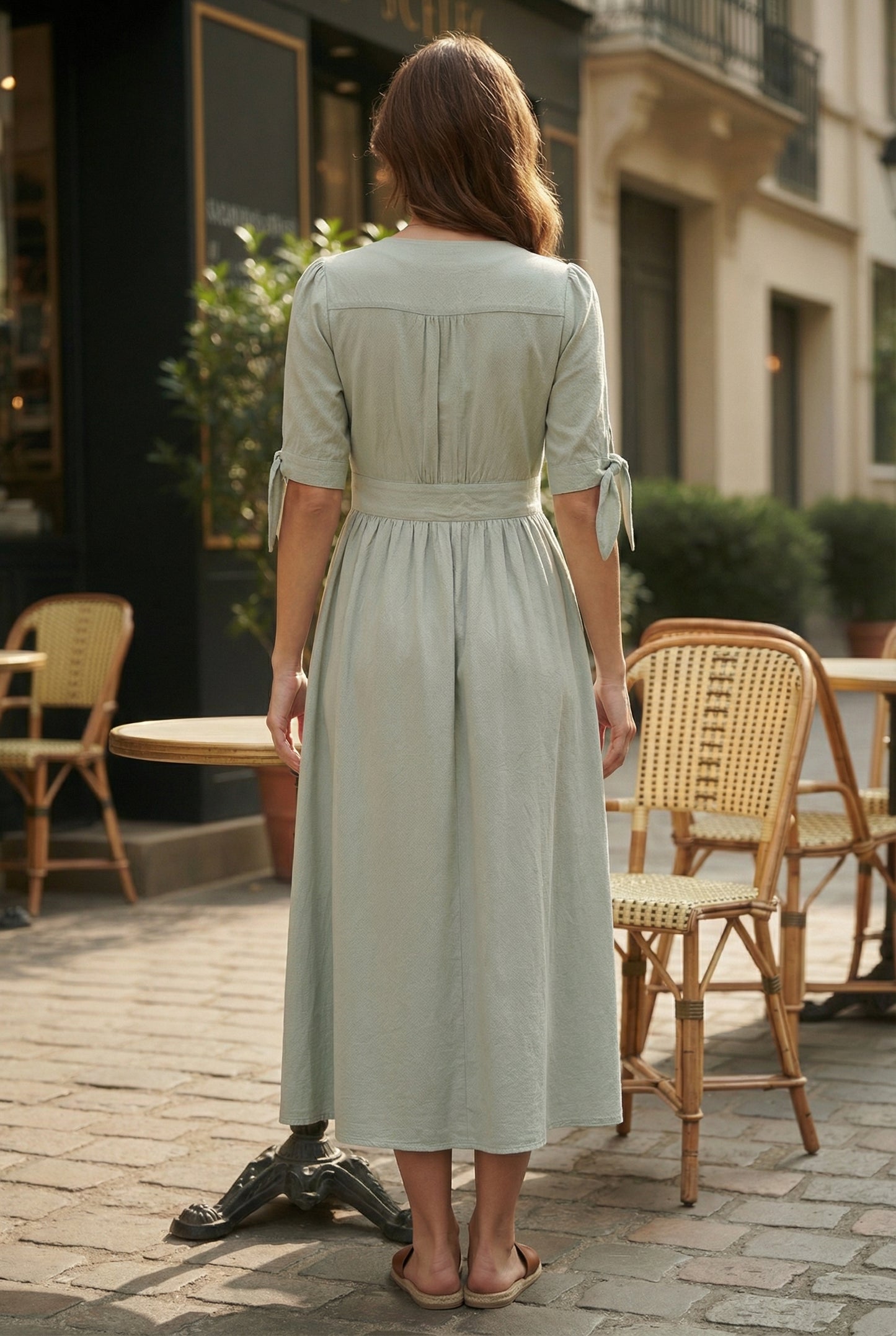 Vestido Largo Verde Salvia algodón lavado con botones y manga ajustable primavera