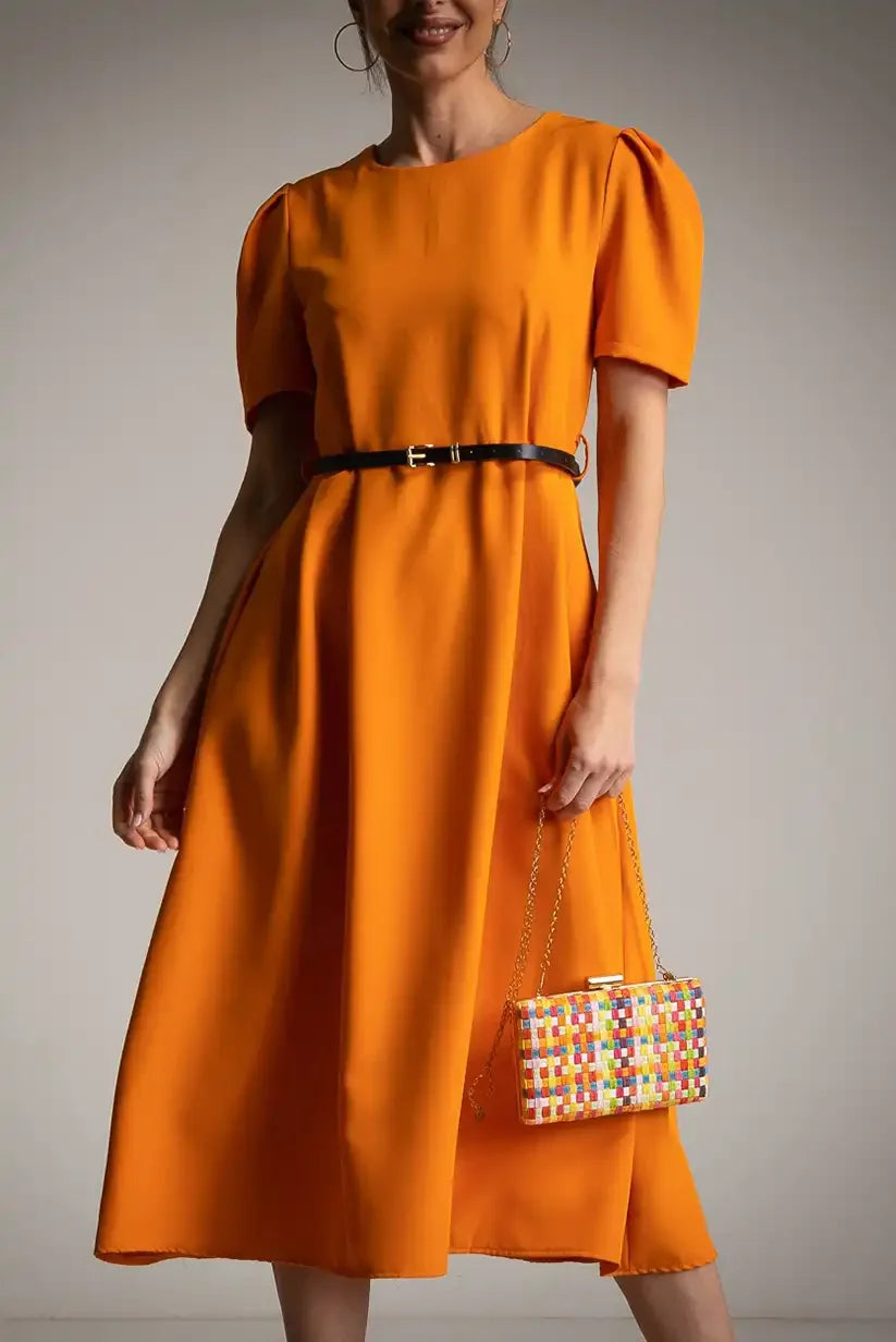 Vestido Midi Naranja Mujer con Cinturón y Manga Corta Elegante - CHICA del Sur