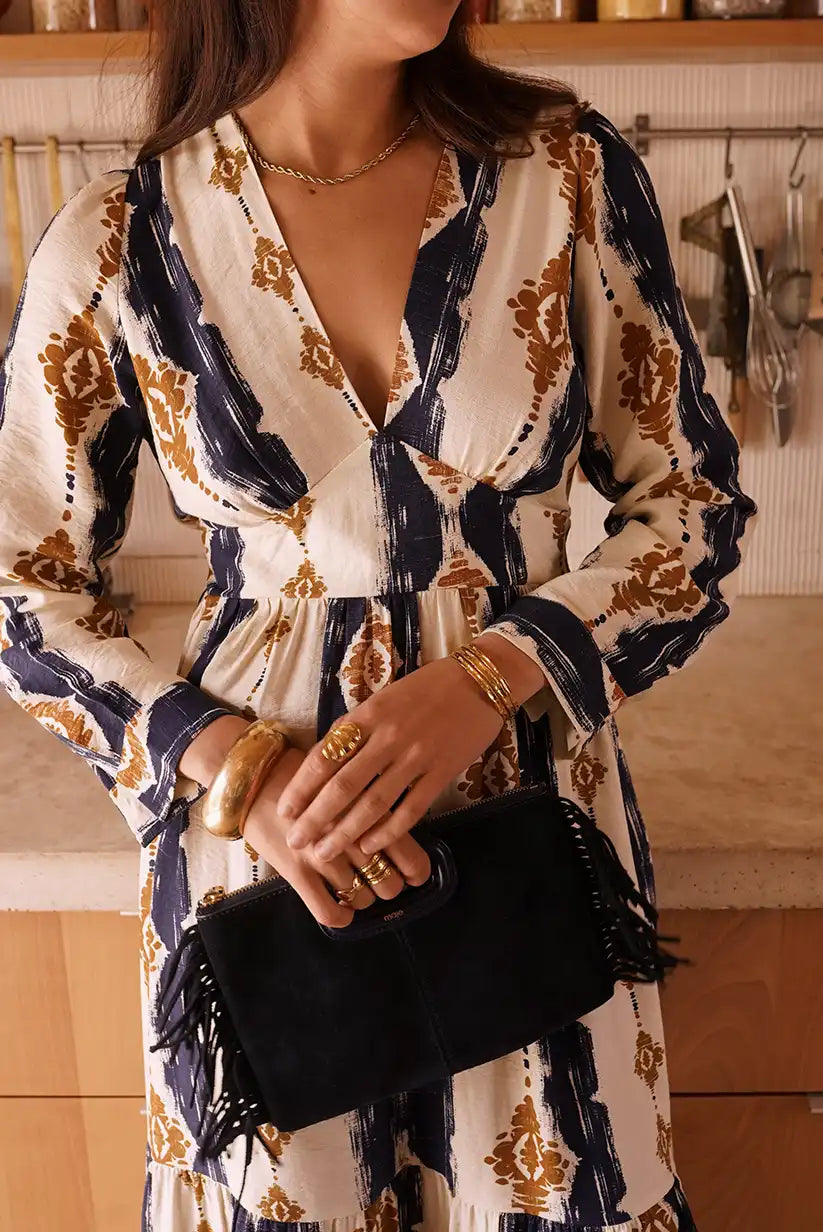 Vestido Largo Estampado Geométrico Azul Marino Manga Larga Elegante - CHICA del Sur