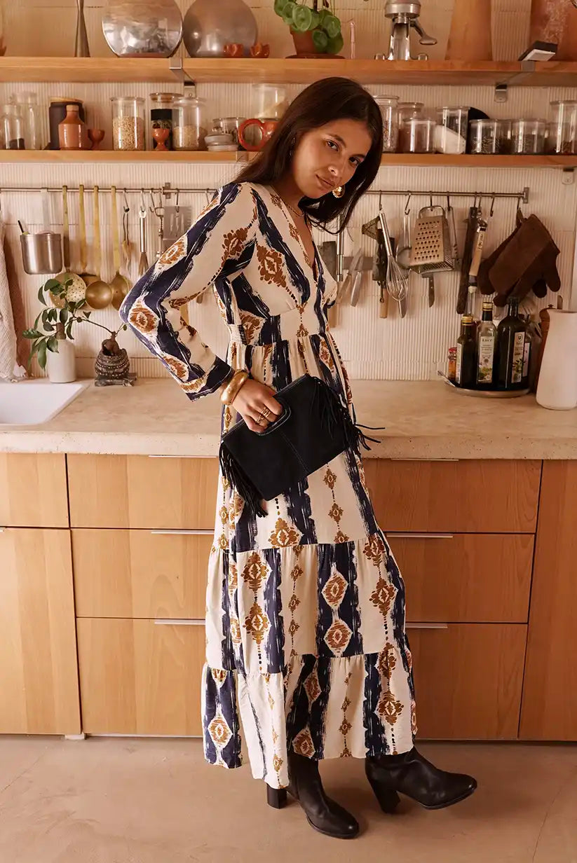 Vestido Largo Estampado Geométrico Azul Marino Manga Larga Elegante - CHICA del Sur