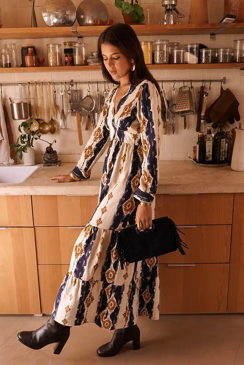 Vestido Largo Estampado Geométrico Azul Marino Manga Larga Elegante - CHICA del Sur