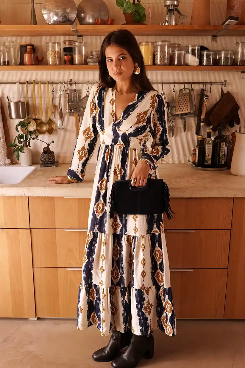 Vestido Largo Estampado Geométrico Azul Marino Manga Larga Elegante - CHICA del Sur