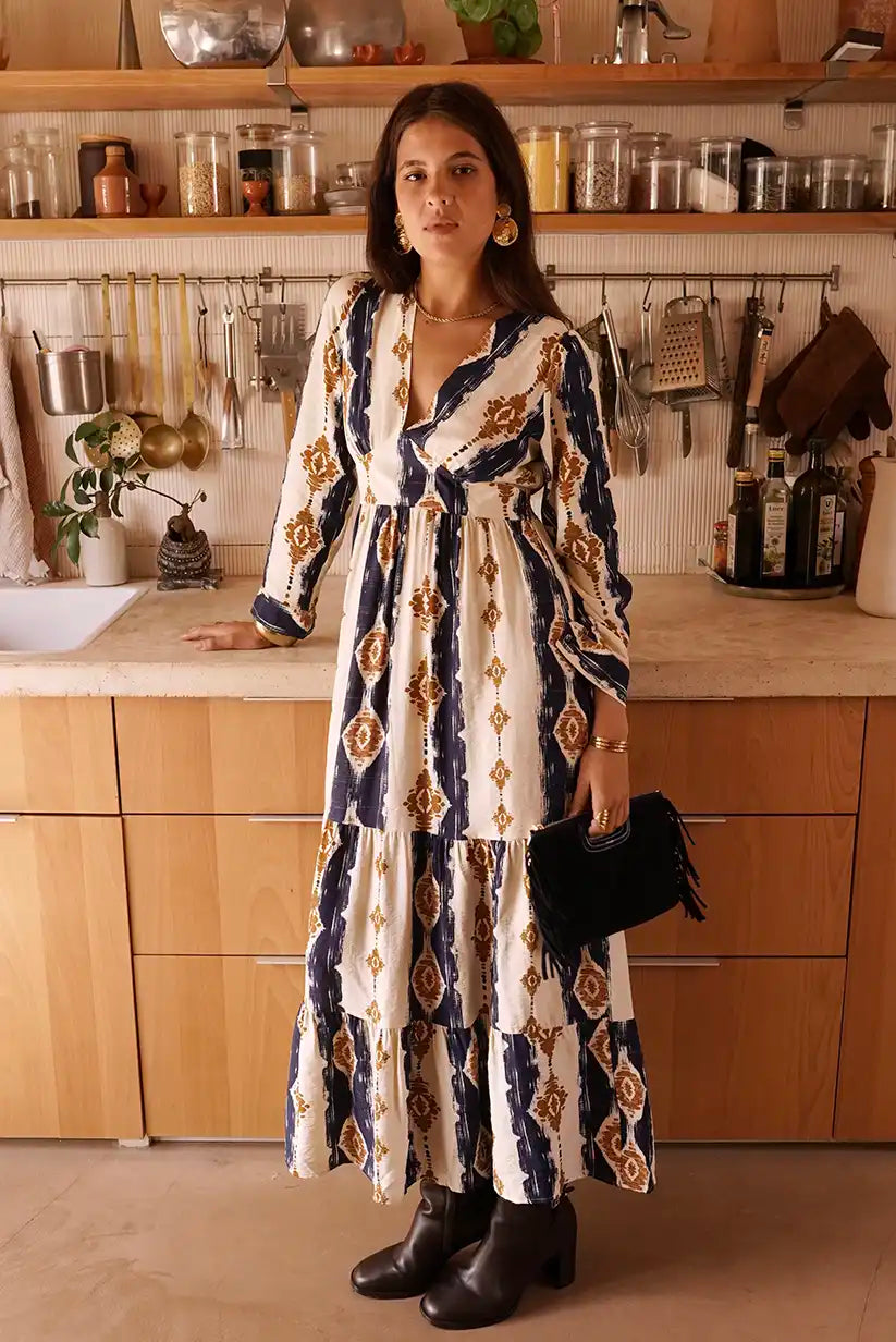 Vestido Largo Estampado Geométrico Azul Marino Manga Larga Elegante - CHICA del Sur