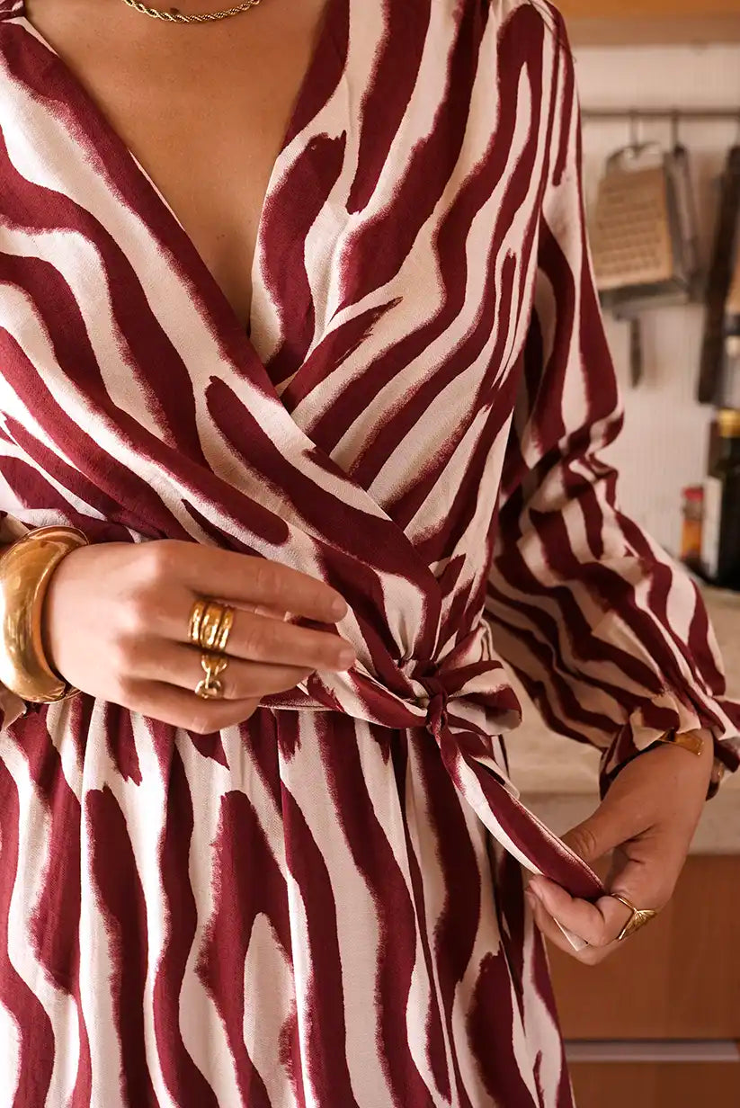 Vestido Midi Burdeos Estampado Animal con Cinturón Elegante Mujer - CHICA del Sur