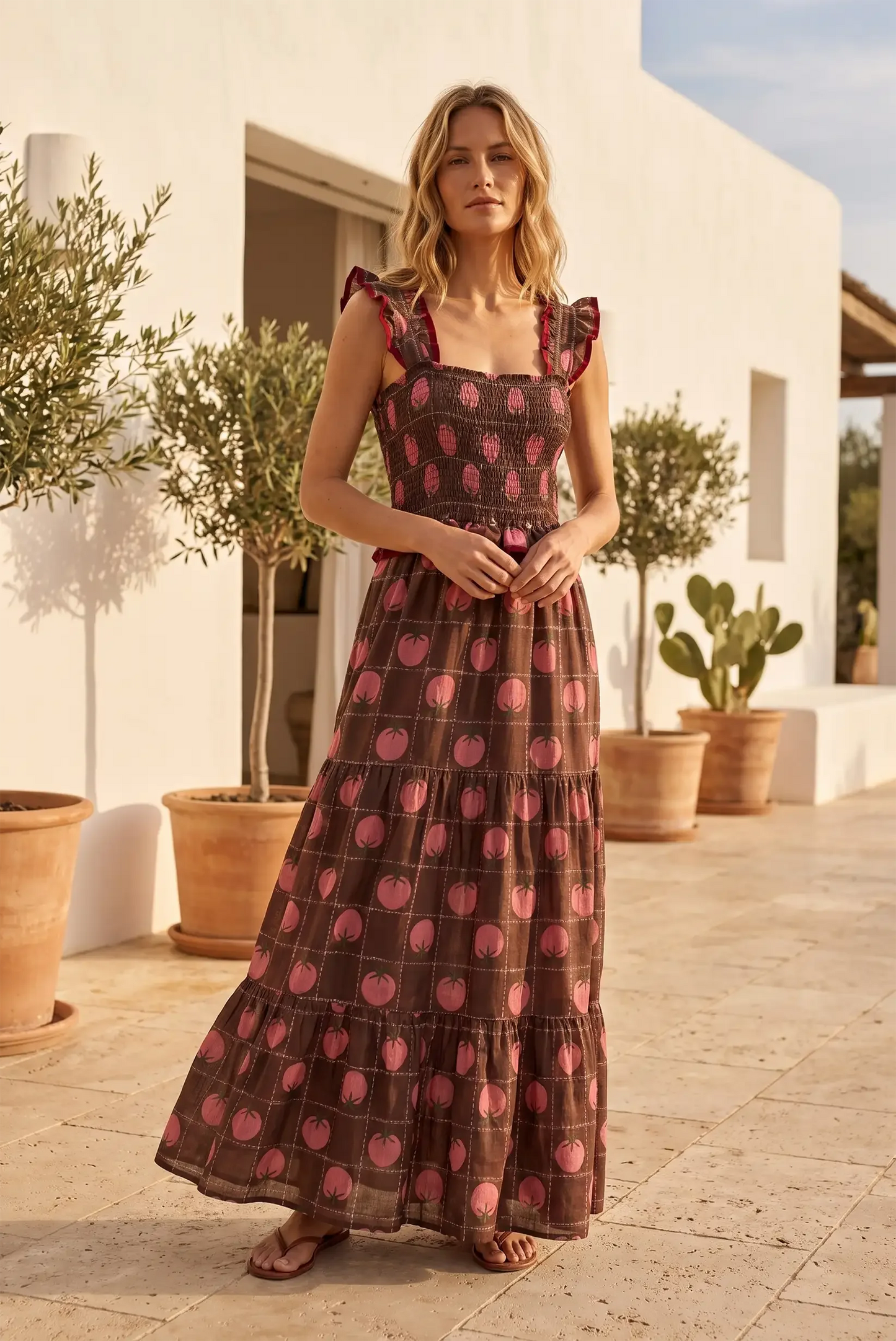Vestido largo estampado con tomates, manga corta con volantes, ideal para verano y looks boho