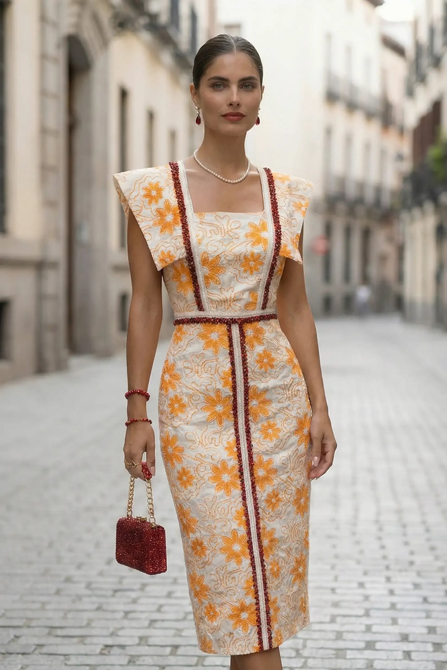Vestido elegante de mujer color naranja claro con estampado floral, ideal para primavera