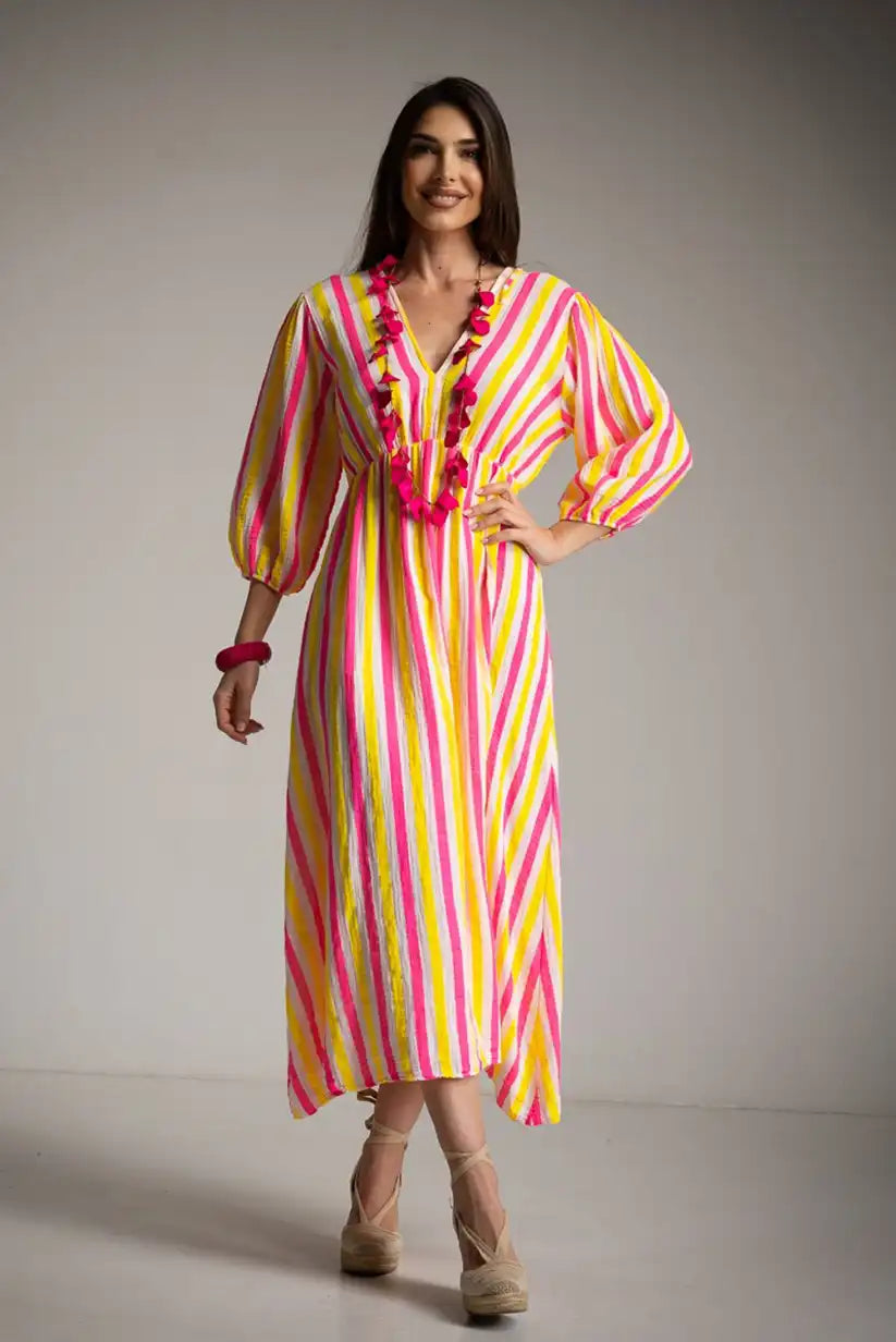 Vestido mariposa de rayas fluor rosa y amarillo - CHICA del Sur
