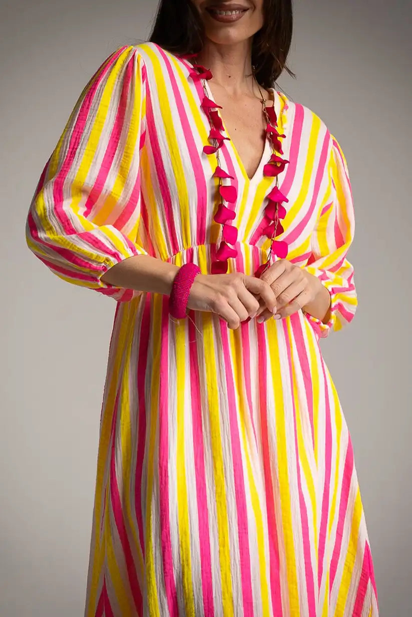 Vestido mariposa de rayas fluor rosa y amarillo - CHICA del Sur